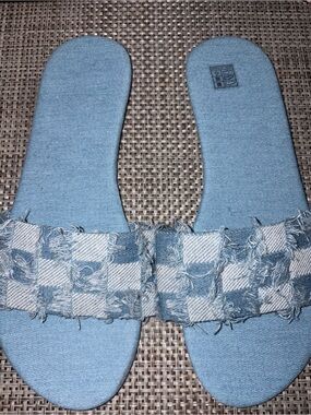 SHEIN Light Blue Denim Check Slide Sandals